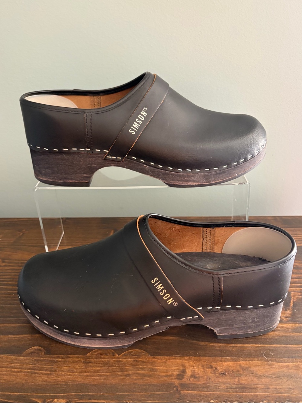 Dutch Made Simson Black Leather & Wood Clogs “Maestro” Size 45 or Mens 11.5-12